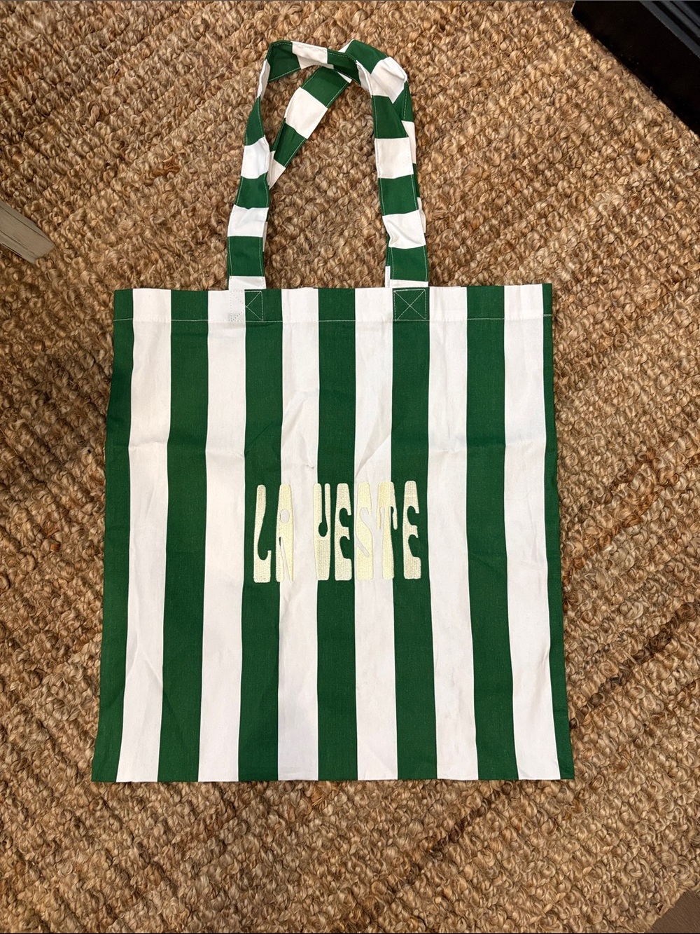 La Veste Striped Green and White Canvas Tote Bag